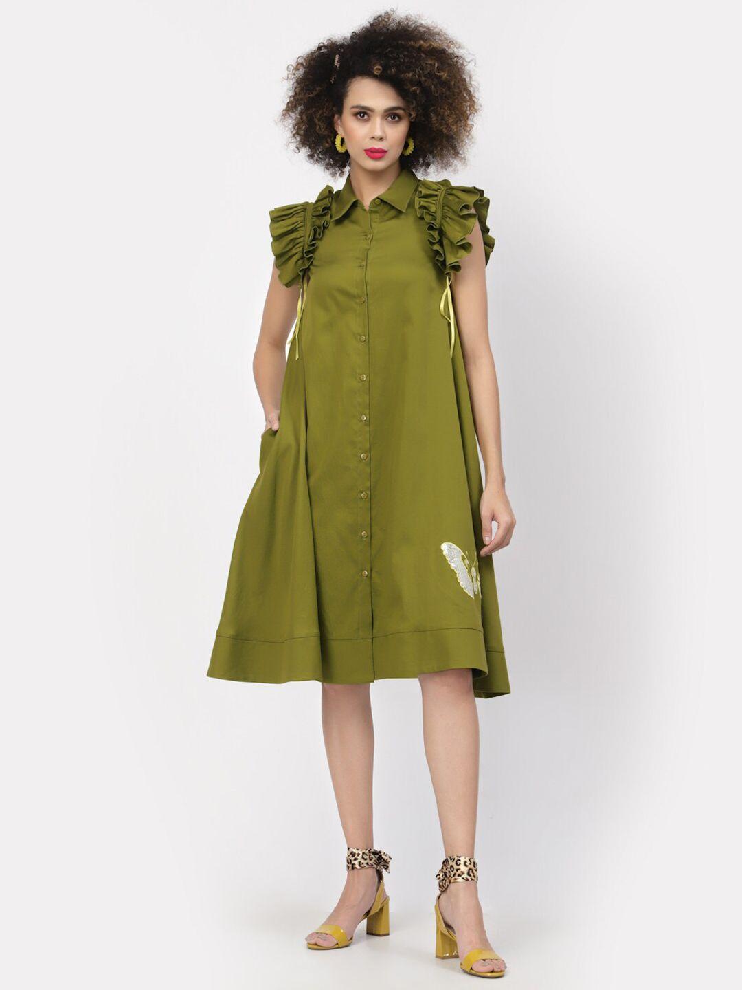 lela women olive green cotton shirt dress