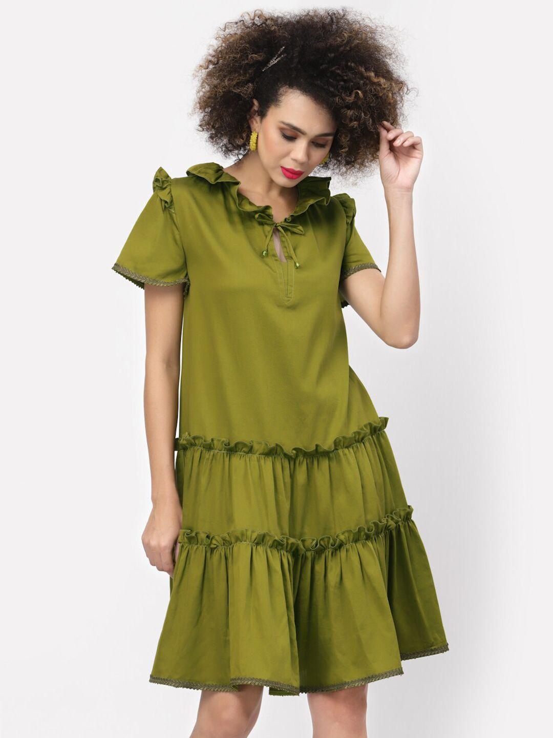 lela women olive green tie-up neck drop-waist cotton dress