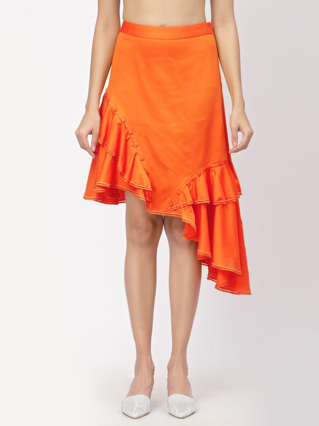 lela women orange solid cotton cambric ruffles mini skirt