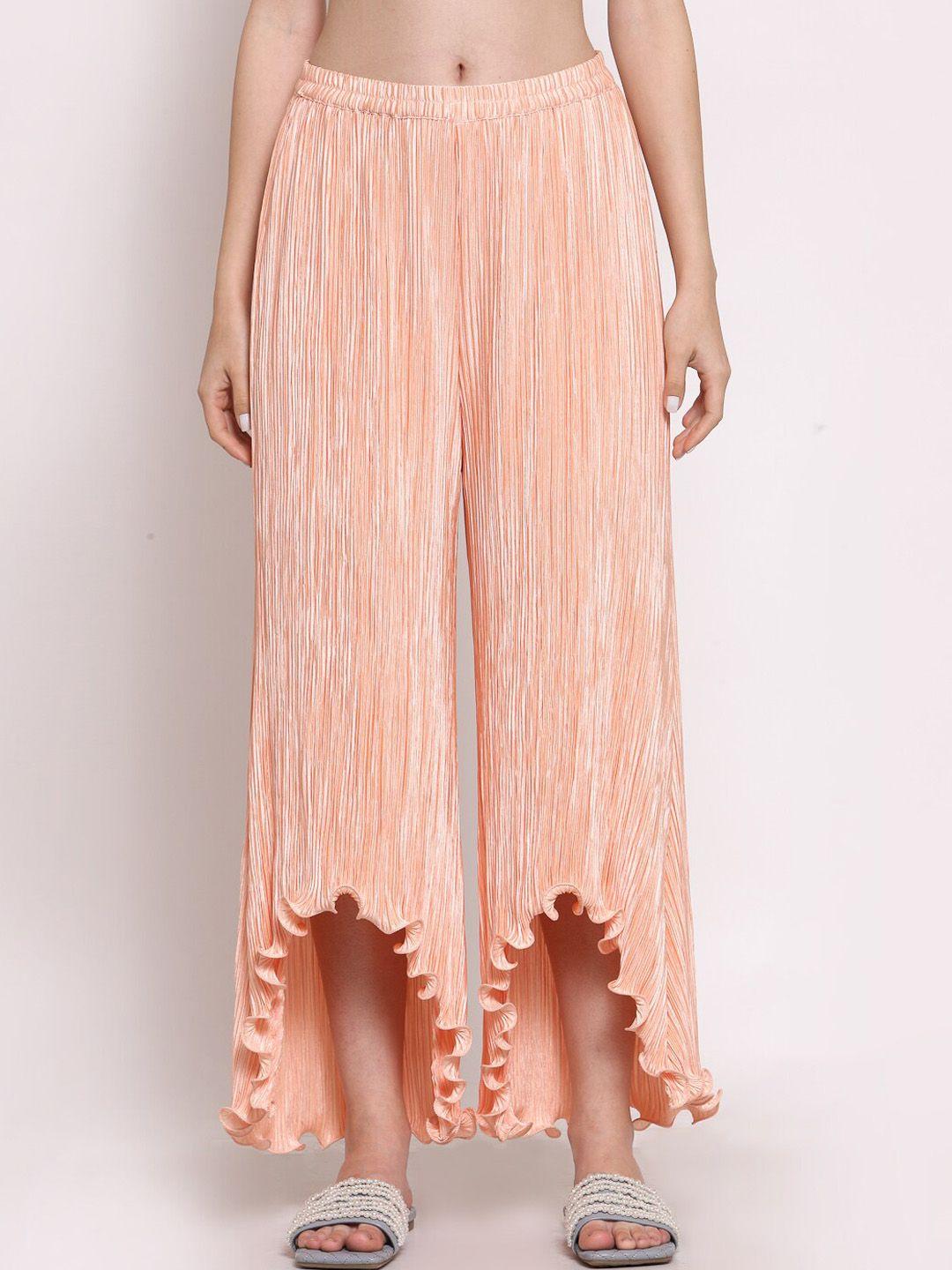 lela women peach-coloured relaxed straight leg flared pleated trousers