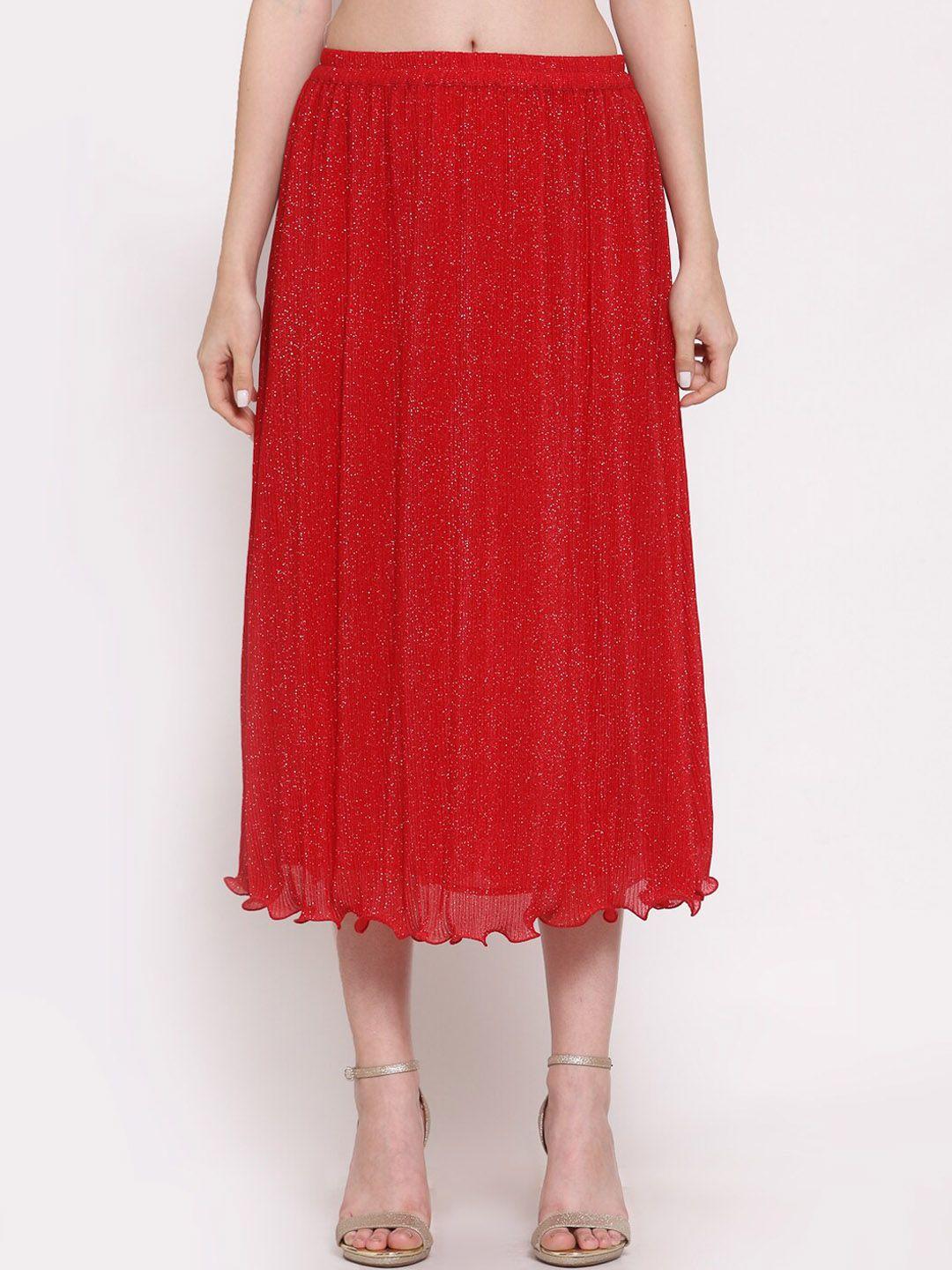 lela women red solid midi a-line skirt