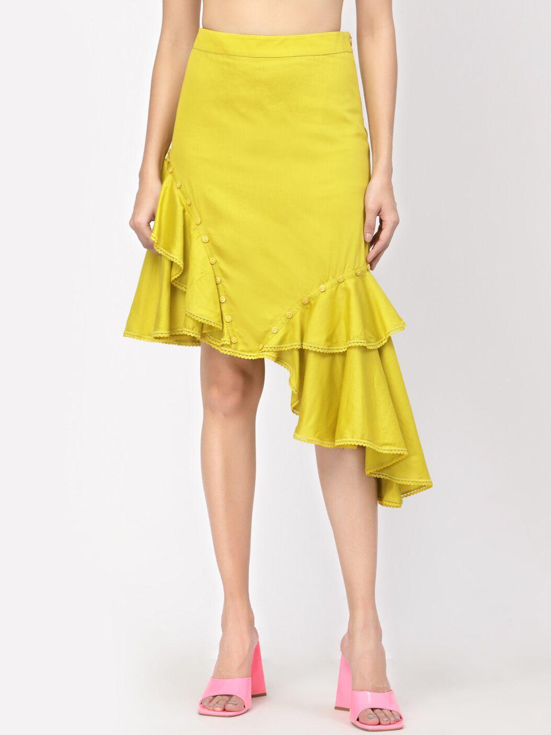 lela women yellow solid cotton cambric ruffled knee length skirt