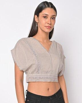 lembo striped v-neck top with lace trim