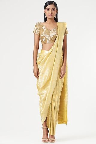 lemon gold metallic pleated saree set