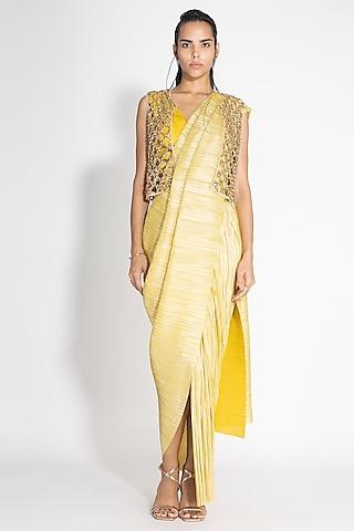 lemon gold pleated metallic jacket saree set