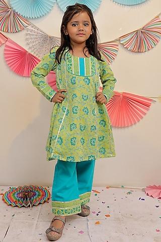 lemon green & blue cotton printed kurta set for girls
