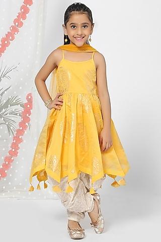 lemon yellow embroidered anarkali set for girls