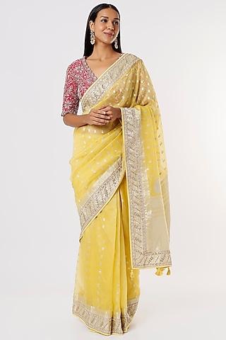 lemon yellow embroidered saree set