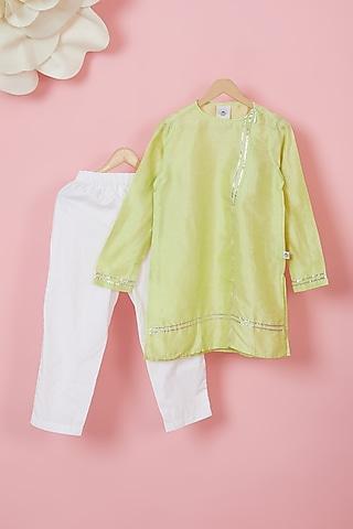 lemon yellow organic cotton embellished kurta set for boys