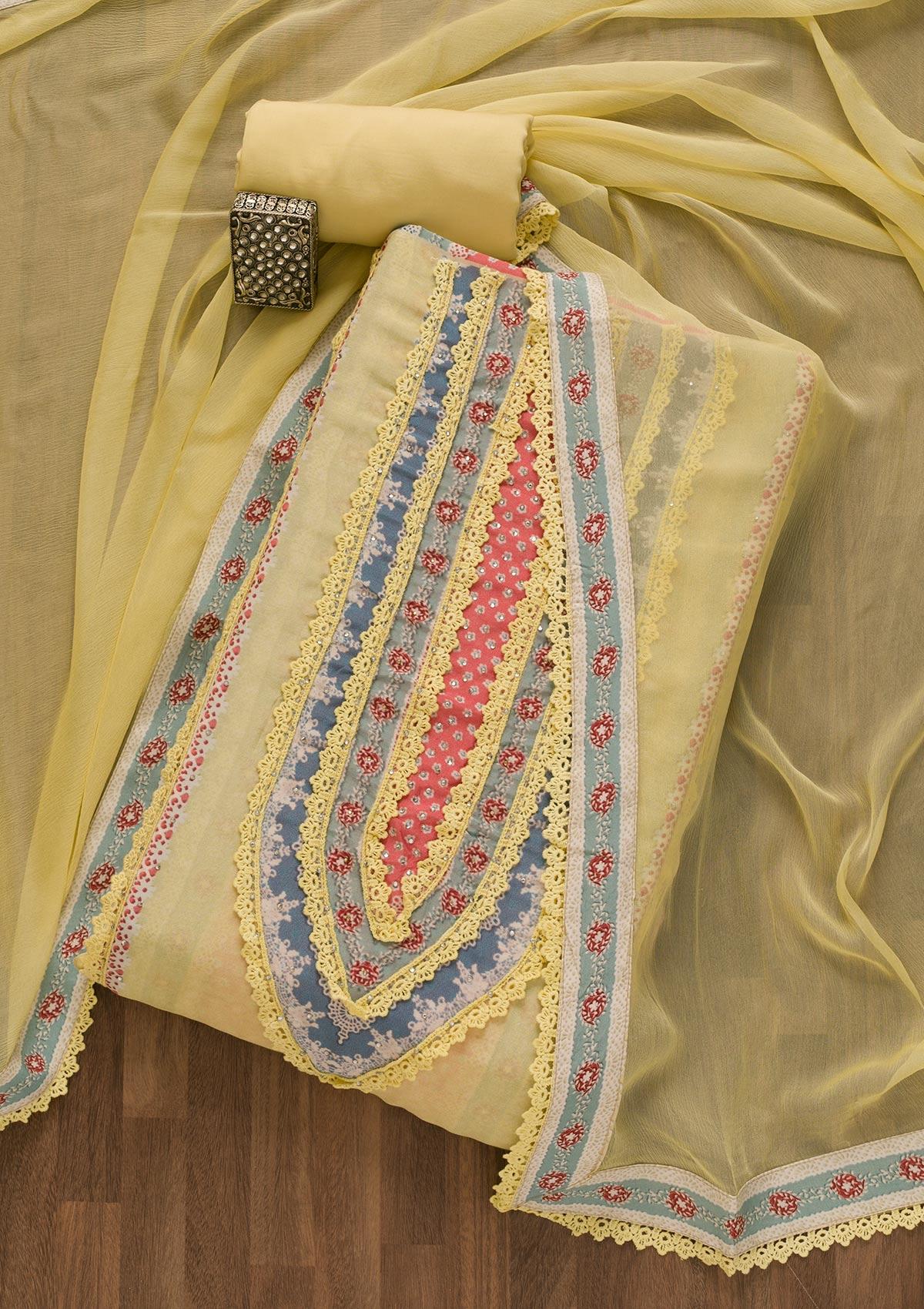 lemon yellow printed poly cotton unstitched salwar suit