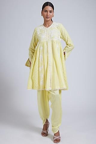 lemon yellow pure chanderi cutdana & sequin hand embellished flared kurta set