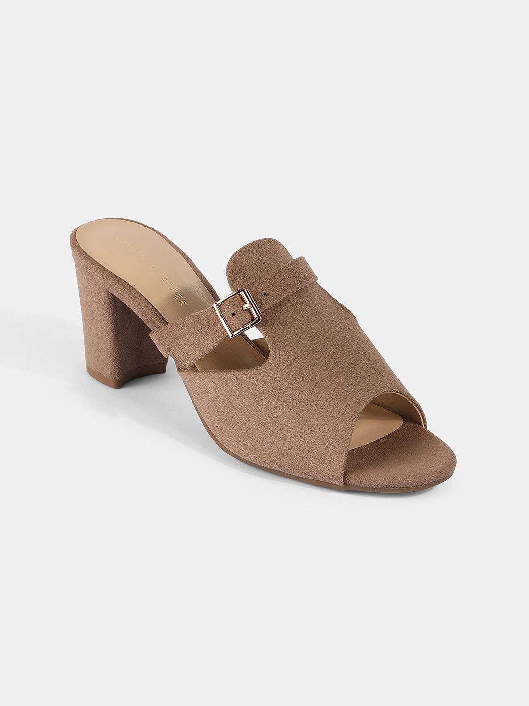 lemon & pepper beige suede block mules with buckles