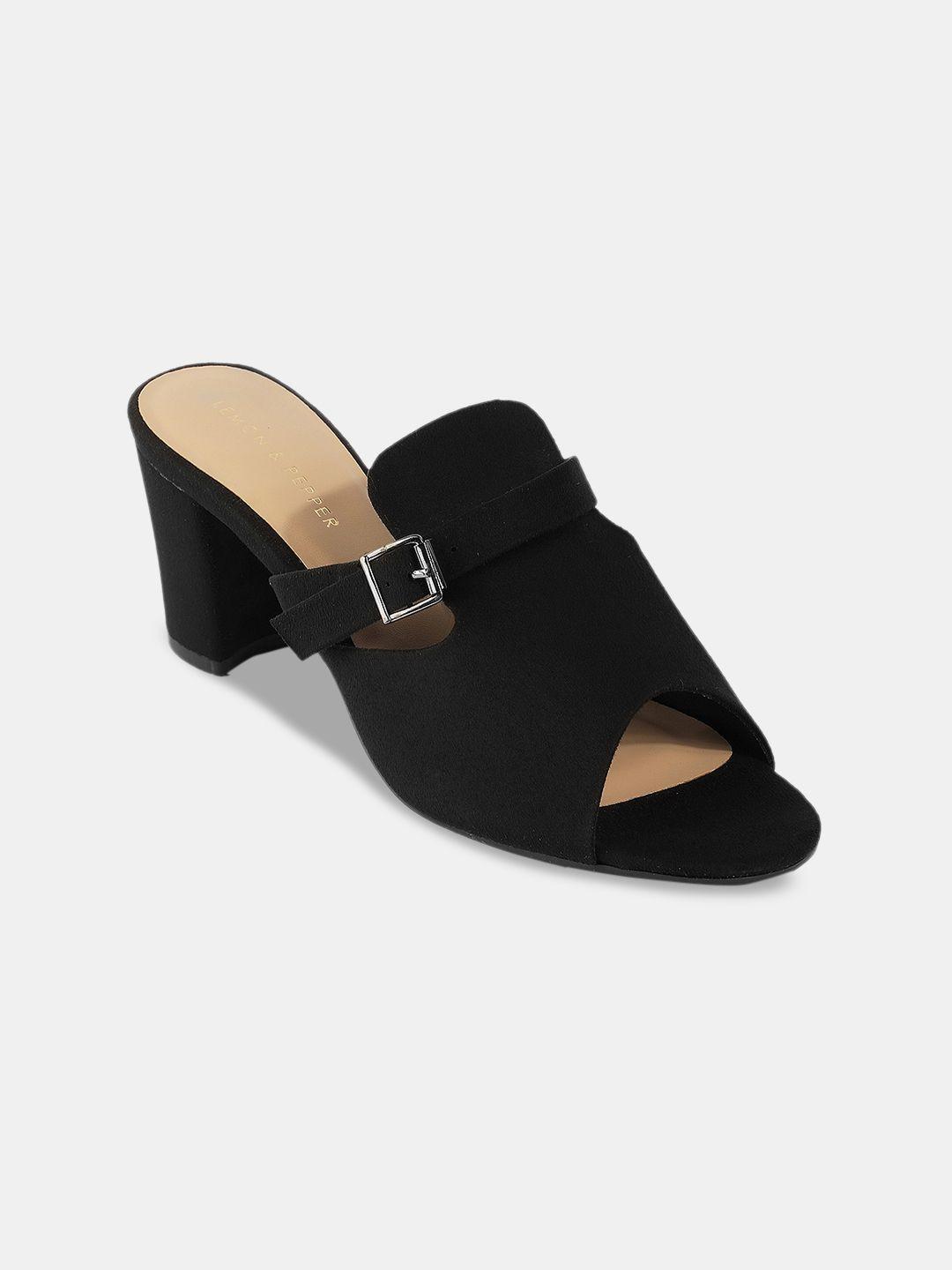 lemon & pepper black suede block mules with buckles