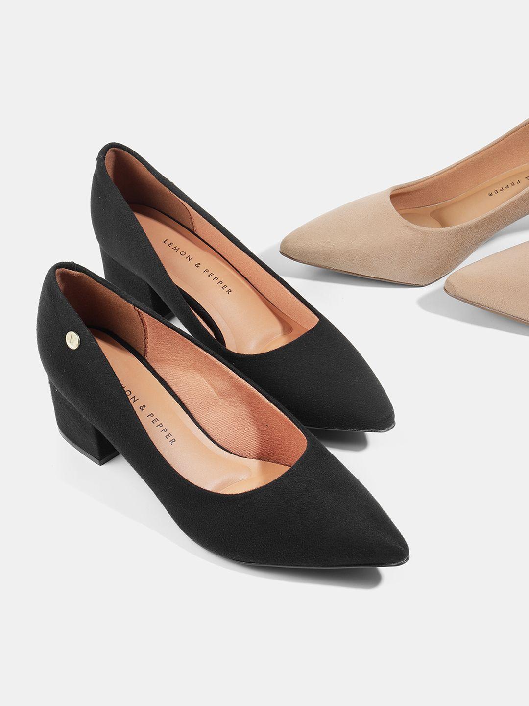 lemon & pepper women black pu block heels pumps