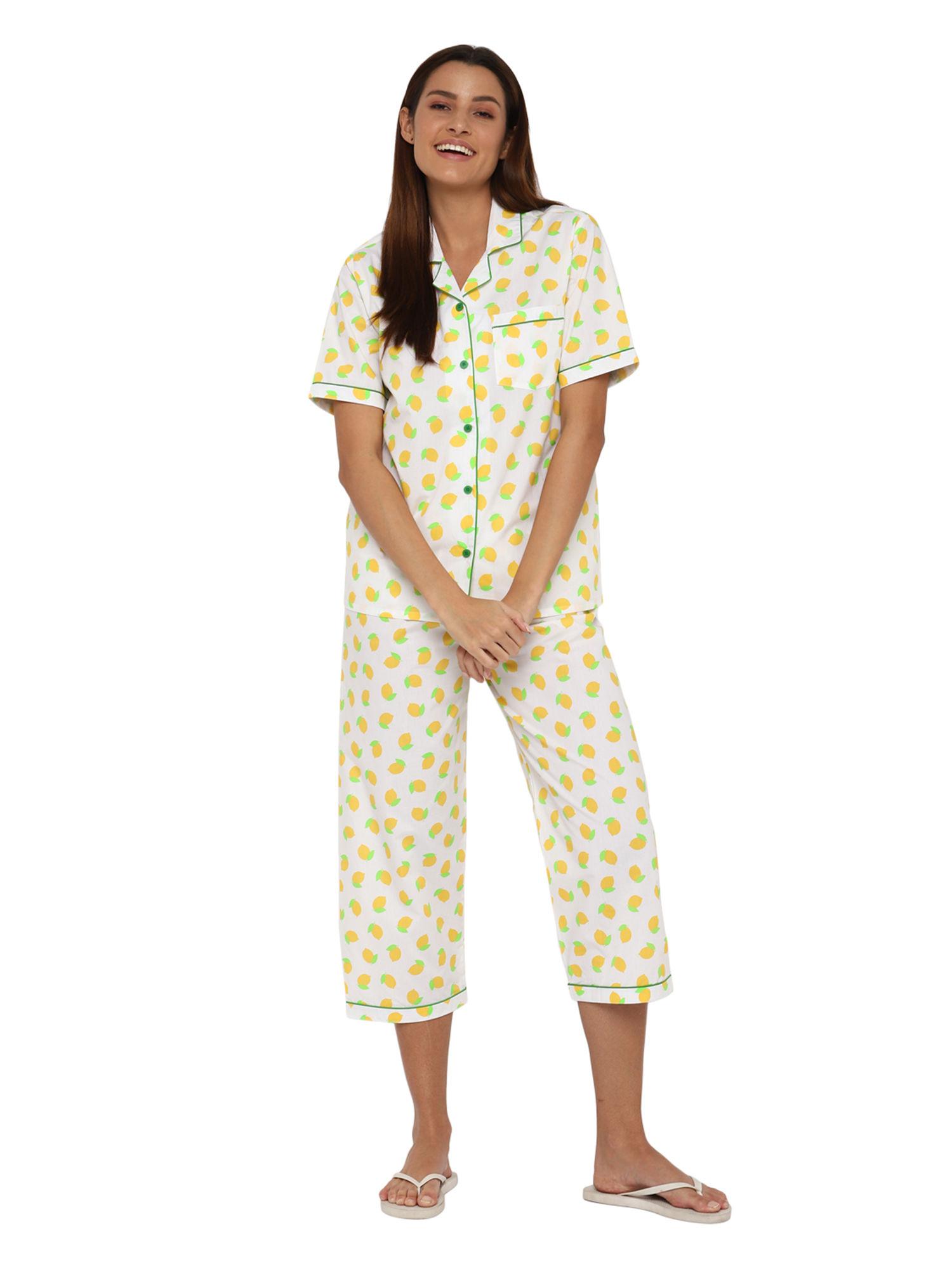 lemon and leaf print short sleeve women's night suit - white