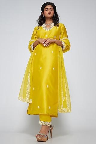 lemon chanderi embroidered kurta set