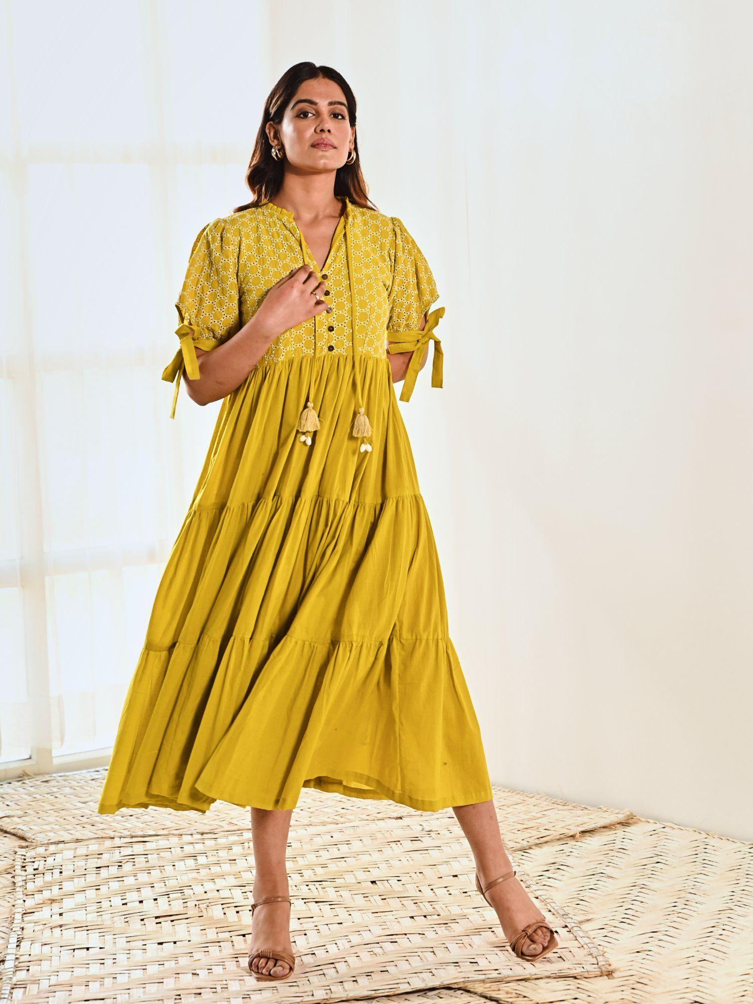 lemon cotton embroidered maxi long dress