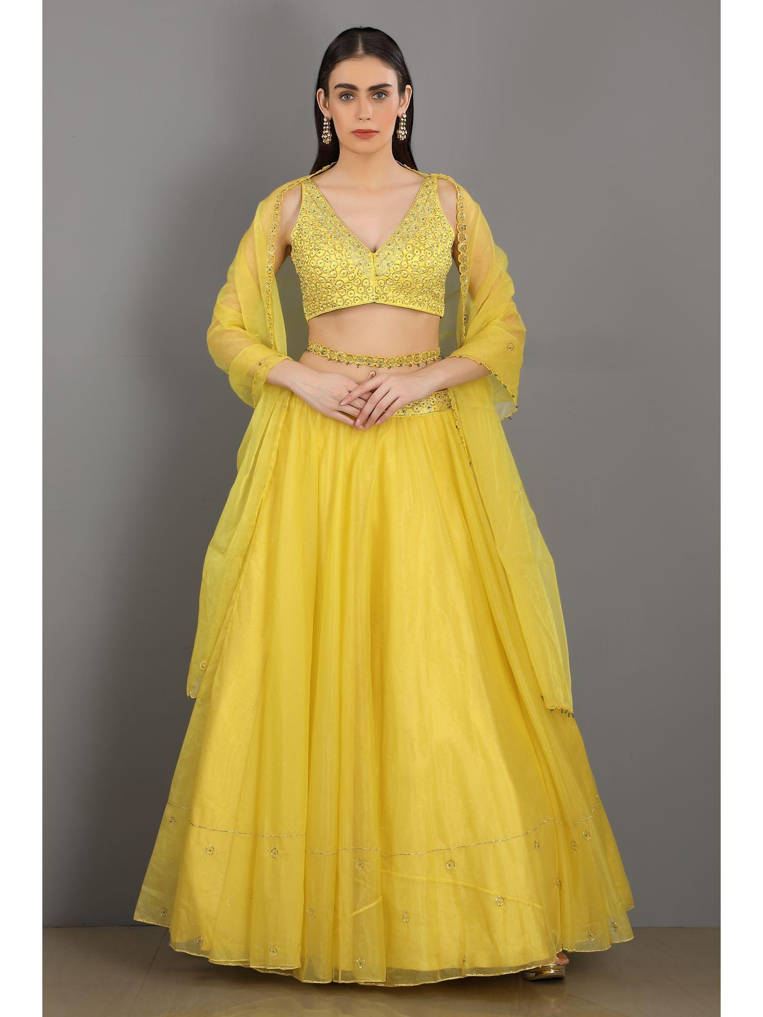 lemon embroidered stitched blouse-lehenga with organza dupatta and belt (set of 4)