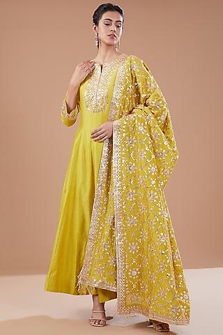 lemon green chanderi silk anarkali set