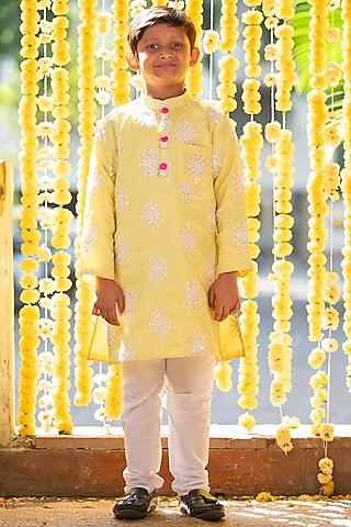 lemon green crepe silk & cotton silk thread embroidered kurta set for boys