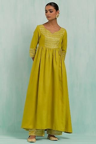 lemon green slub cotton embroidered anarkali set