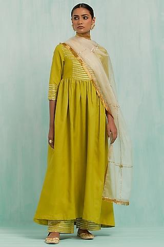 lemon green slub cotton embroidered anarkali set