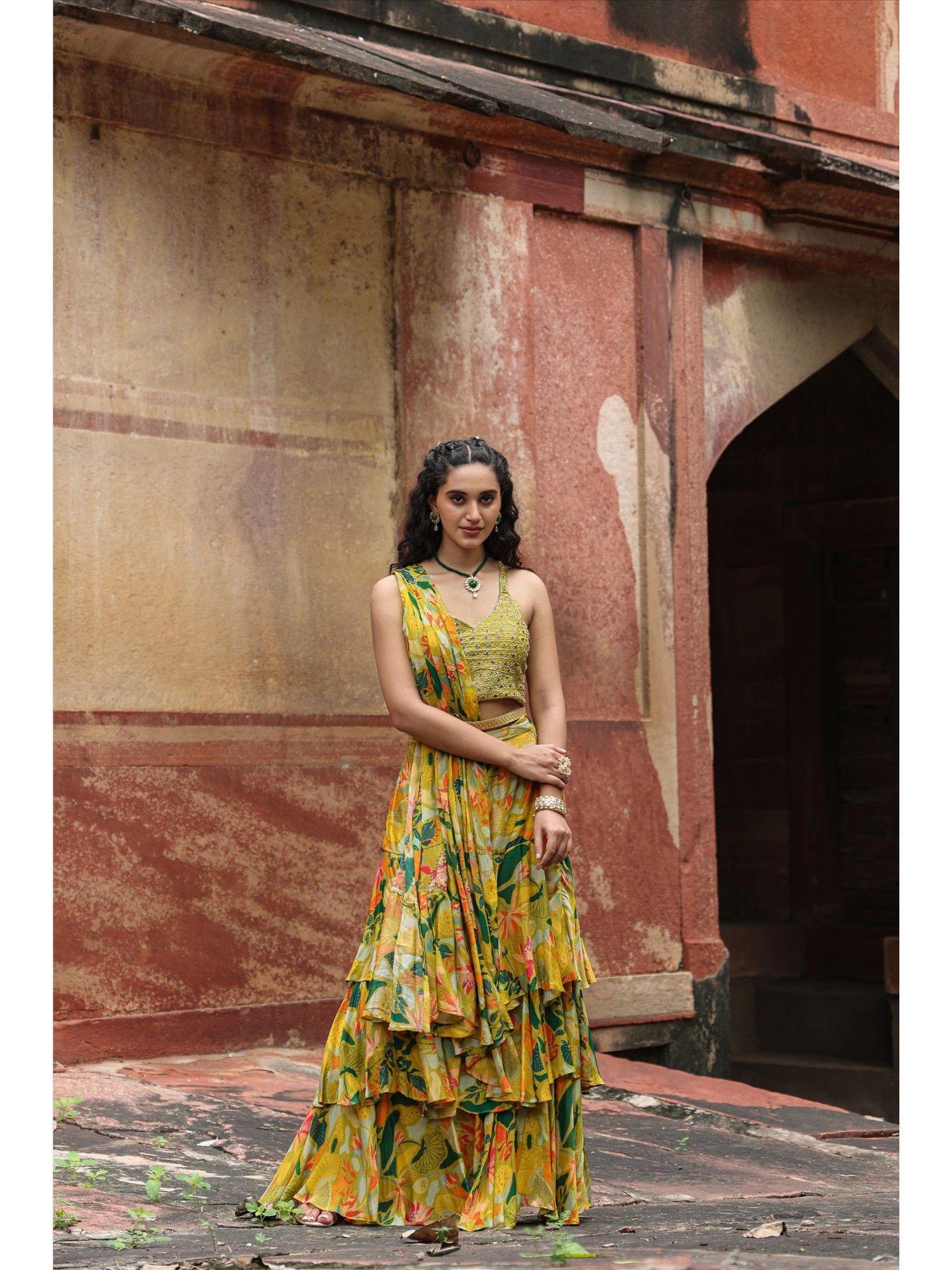 lemon print ready to wear drape saree and stitched blouse with belt