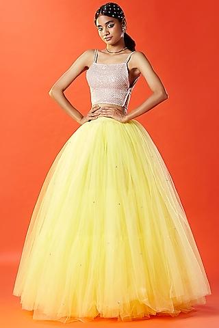 lemon tulle lehenga set