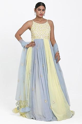 lemon yellow & blue georgette cutdana embroidered ombre anarkali set