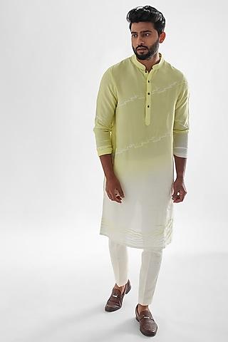 lemon yellow & ivory linen satin embroidered kurta set