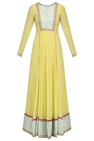 lemon yellow and aqua embroidered anarkali set