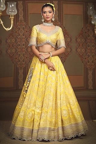 lemon yellow banarasi machine embroidered lehenga set