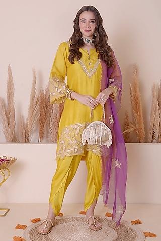 lemon yellow bemberg silk & modal satin embroidered kurta set