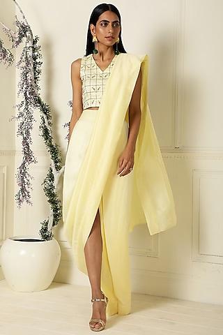 lemon yellow bemberg silk pre-draped saree set