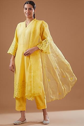 lemon yellow chanderi embroidered kurta set