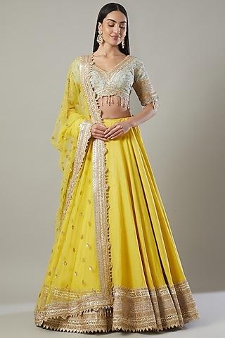 lemon yellow chanderi embroidered lehenga set