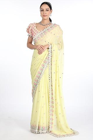 lemon yellow chiffon embroidered saree set