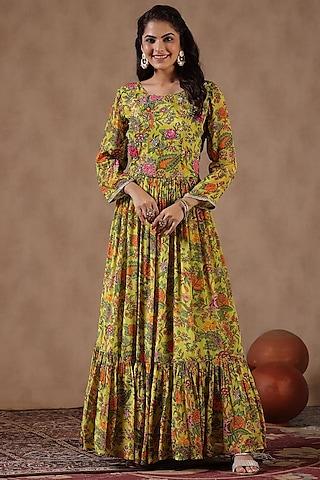 lemon yellow chinon silk floral printed gown