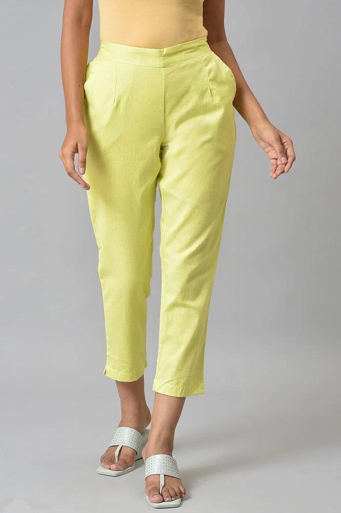 lemon yellow cotton flax women trousers