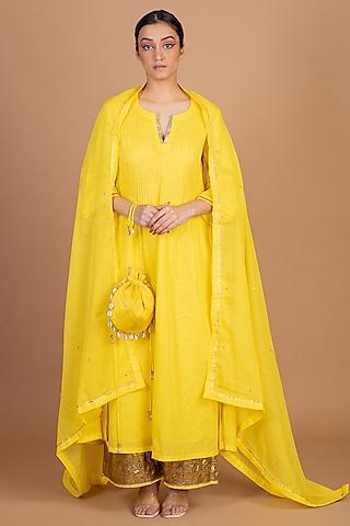 lemon yellow cotton gota embroidered a-line kurta set