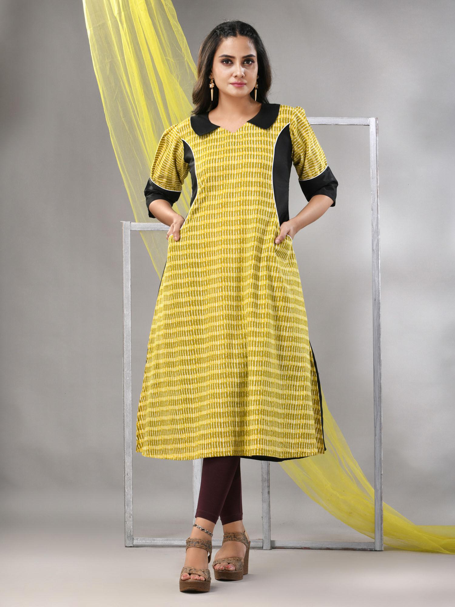 lemon yellow cotton printed a-line kurta