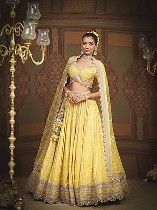 lemon yellow cotton shimmer chanderi gota embroidered lehenga set