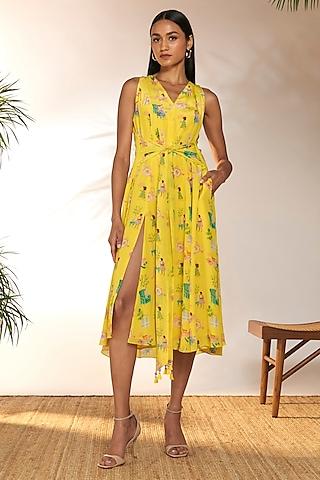 lemon yellow crepe silk embellished & printed midi dress