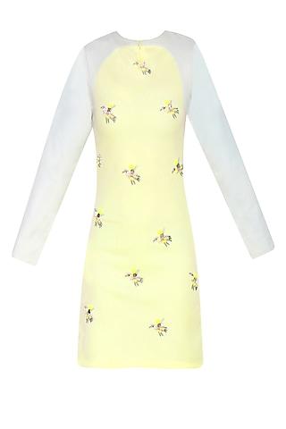 lemon yellow embroidered bird motifs shift dress