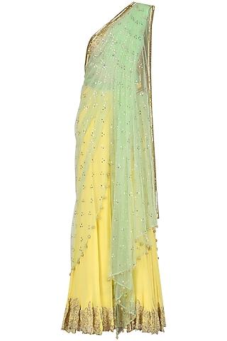 lemon yellow embroidered draped saree with nude blouse