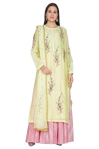 lemon yellow embroidered kurta set