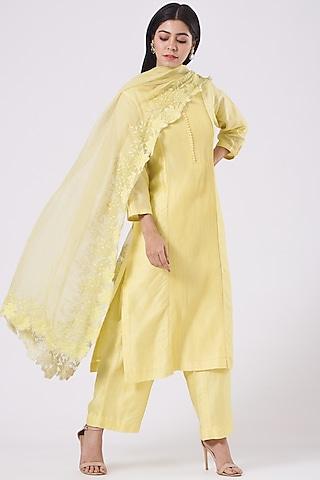 lemon yellow embroidered kurta set