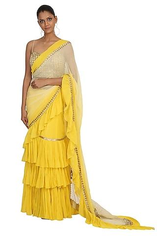 lemon yellow embroidered lehenga saree set