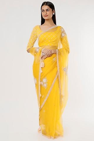 lemon yellow embroidered saree set