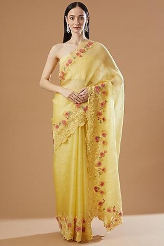 lemon yellow embroidered saree set